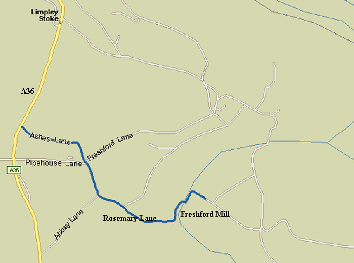 Freshford map with Ashes Lane route to Freshford Mill indicated